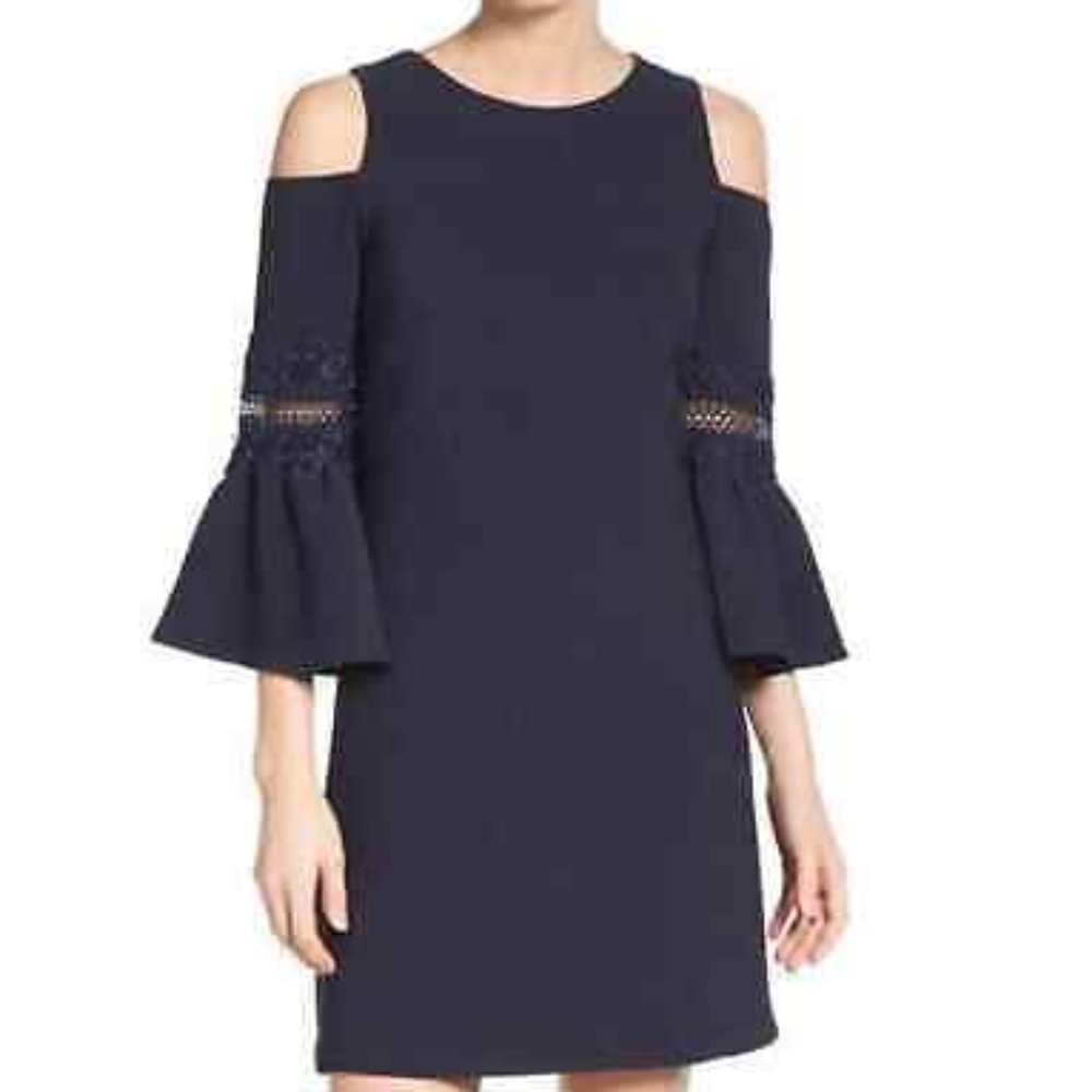 Eliza J Navy Blue Cold Shoulder Bell Sleeve Cocktail Dress